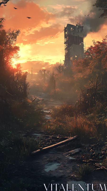 Post-apocalyptic marsh path beneath burning industrial sunset