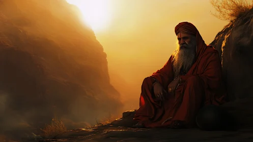 Sunlit mystic elder seated on rocky desert cliff at dusk.