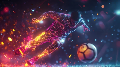 Cyberpunk vector-mesh soccer player in neon motion field.