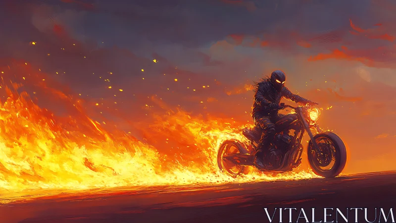 Armored biker on flaming motorcycle under dramatic sky.