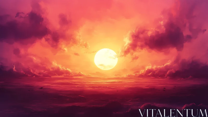 Vivid digital sunset over clouds with glowing central sun.