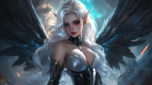 Radiant winged elf warrior rising in swirling stormlight.