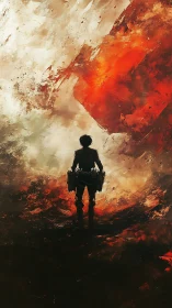 Lone warrior facing a storm of fire and swirling light.