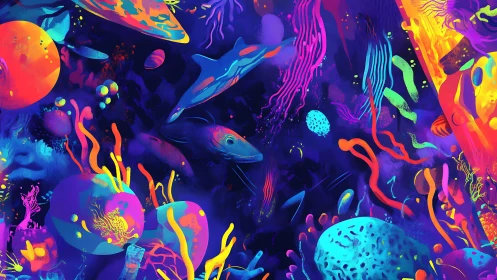 Neon-lit abstract reefscape renders bioluminescent aquatic forms