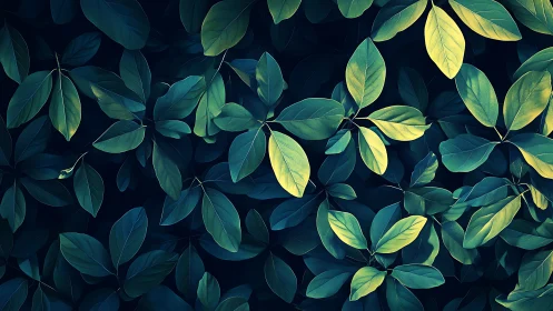 Moody botanical foliage pattern with teal green leaves.