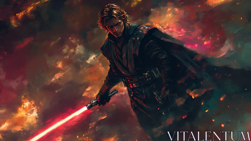 Dark warrior with red energy sword amid burning storm.