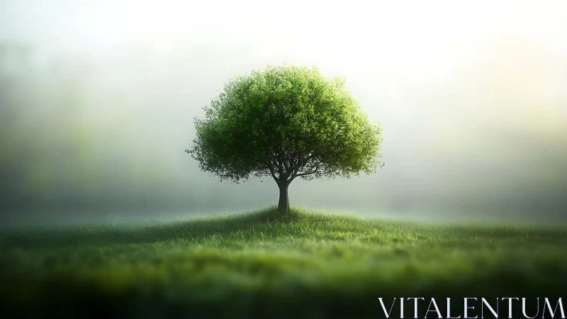Solitary Green Tree in Misty Field, Soft Focus Nature Art.