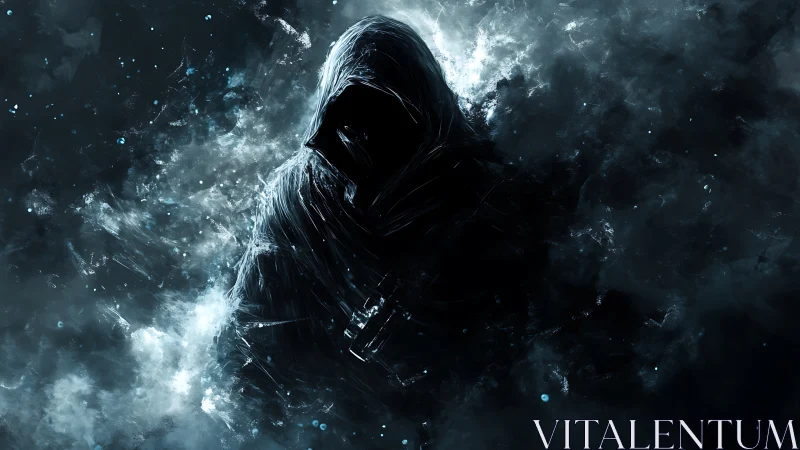 Midnight wanderer cloaked in swirling cosmic shadows.