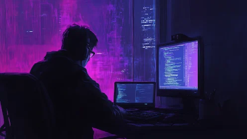 Night coder writes scripts under neon cyberpunk sky.