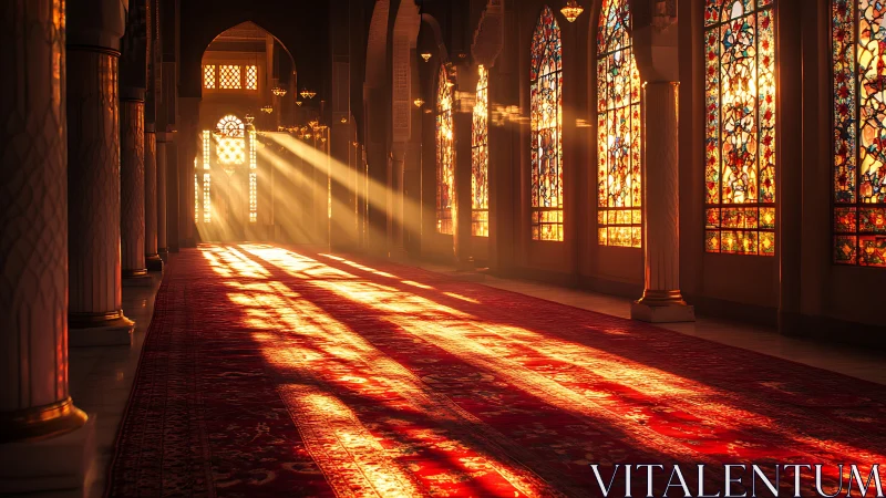 Sunlit mosque interior with stained glass windows and red carpet