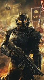 Armored soldier stands armed before burning futuristic city