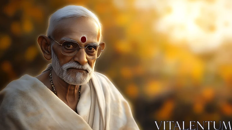 Elderly Indian man in white shawl under warm sunset bokeh.