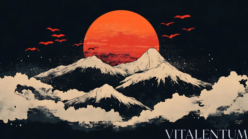 Crimson sun over stylized snow peaks in graphic contrast.