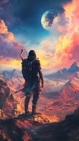 Lone space explorer surveys radiant alien canyon vista.