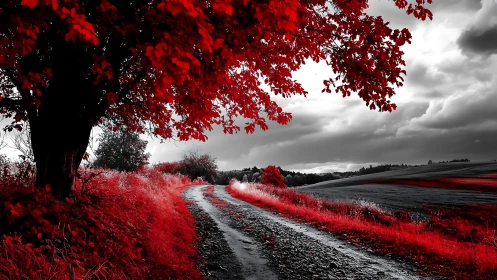 Red foliage borders winding country road under storm clouds