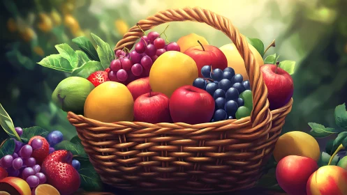 Sunlit wicker harvest cradles jewel-bright summer fruits
