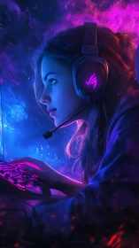 Cyber gamer girl glows in neon blue and magenta haze.