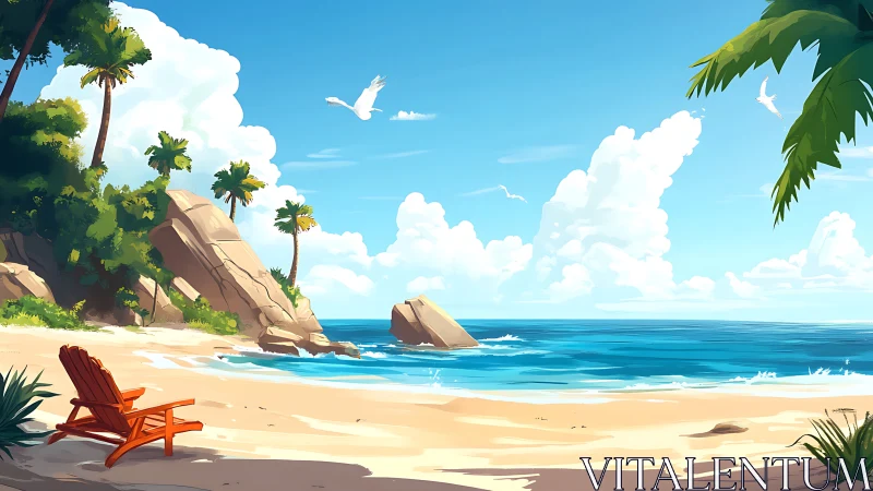 Tropical beach scene with rock formations and palm trees