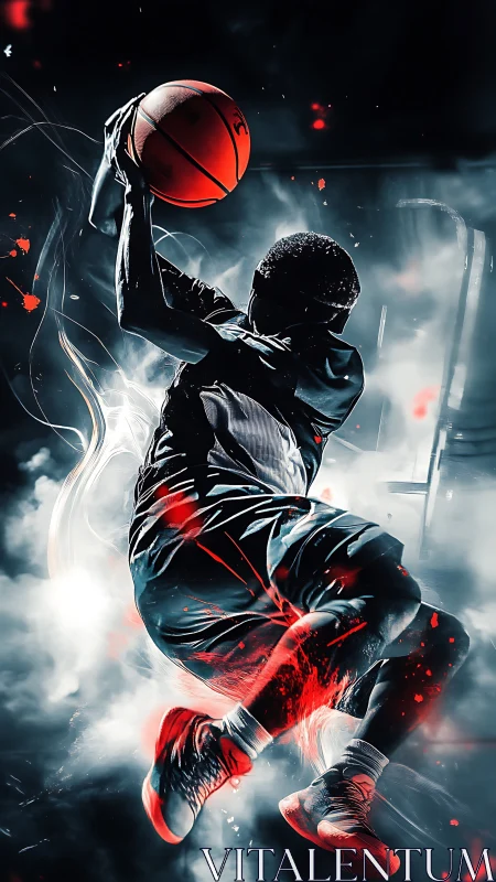 Explosive basketball dunk ignites smoky court in neon energy