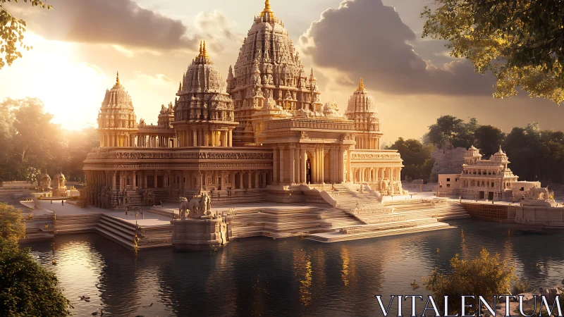 Sunlit riverside temple complex in ornate golden stone.