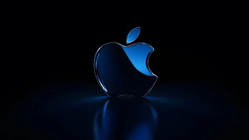 Glossy Blue Apple Logo on Black Background, Futuristic Style.