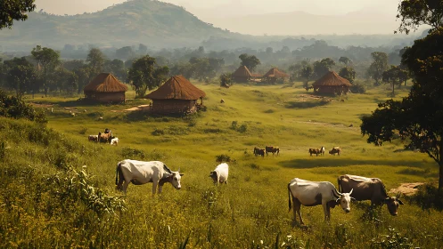 Photorealistic pastoral scene with grazing cattle and rondavel huts.