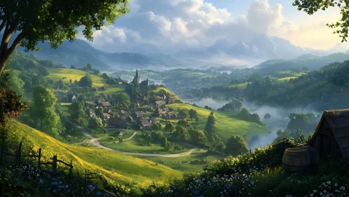 Sunlit valley village rests beneath distant blue mountains.