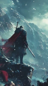 Armored warrior surveys snow-covered mountainside in winter