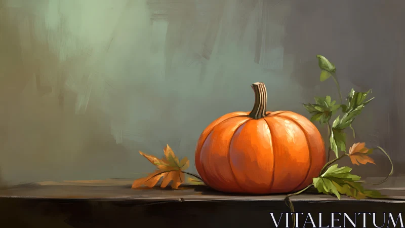 Quiet autumn pumpkin glows against soft painterly dusk wall.