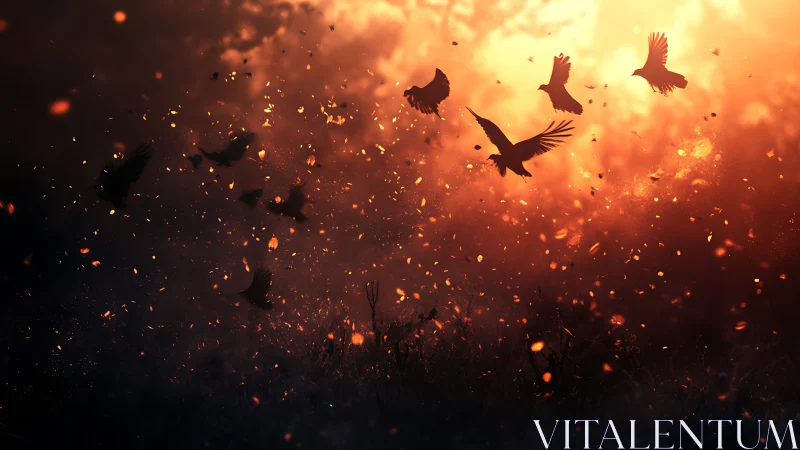 Crows slice emberlit dusk sky in fiery silhouetted flight.
