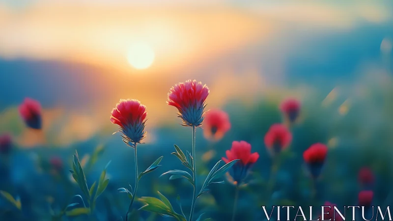 Red carnation flowers backlit by sunrise in field