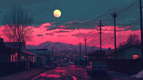 Moonlit suburb wearing neon dusk and quiet mountain haze.