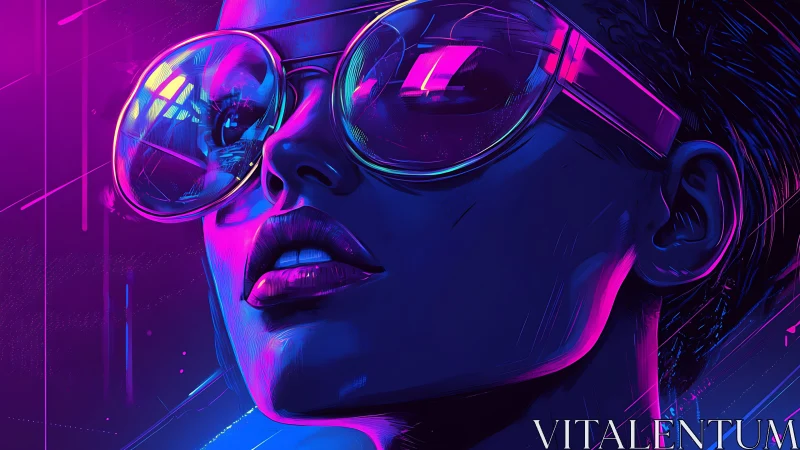 Neon lit female portrait with reflective oversized glasses.