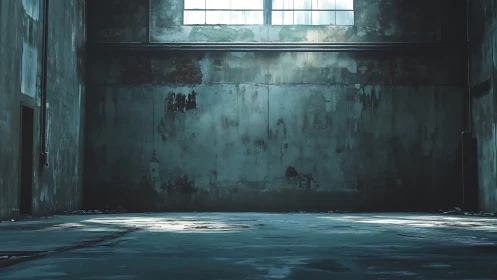 Industrial hall interior with cold cyan volumetric daylight.