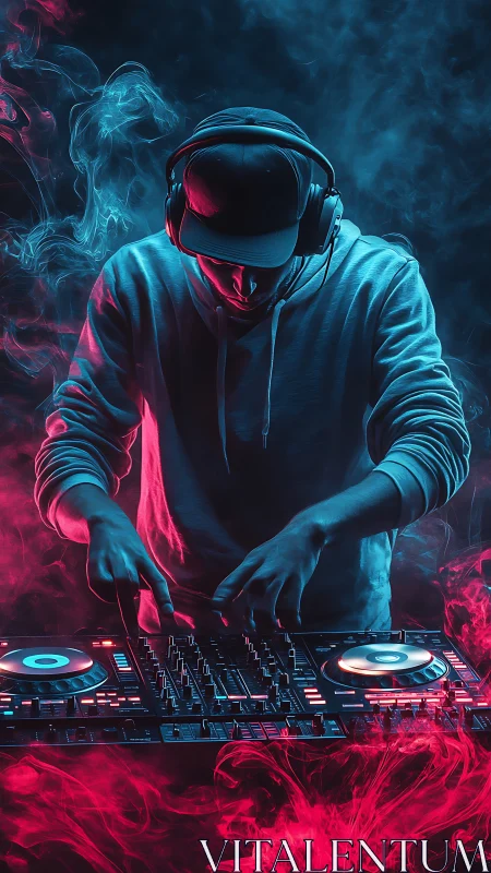 Hooded DJ mixing tracks amid red and blue neon smoke.