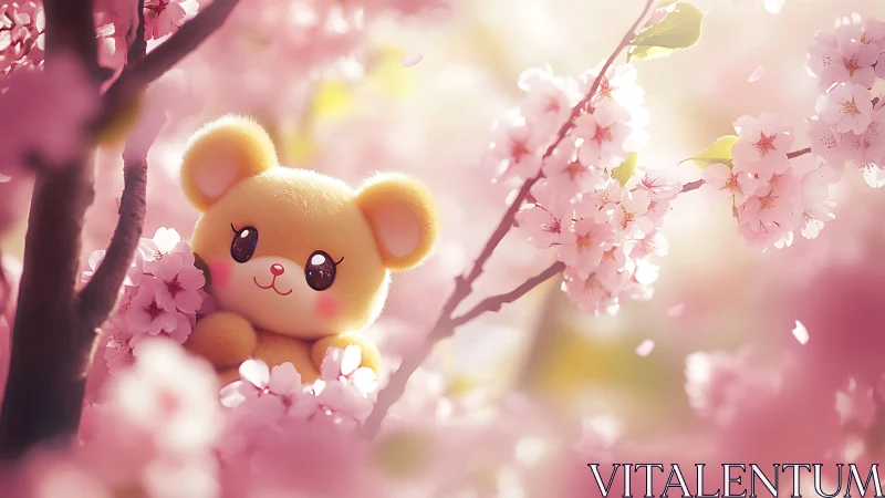 Plush bear character is positioned among dense cherry blossoms