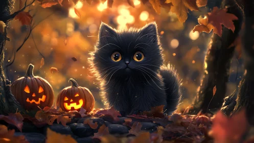 Mystical Black Cat Among Glowing Jack-O'-Lanterns in Autumn