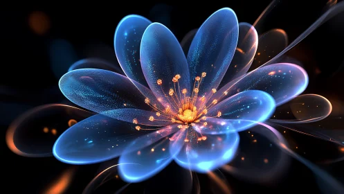 Luminous glass flower radiates neon blue and amber light
