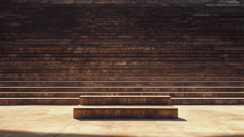 Solitary stone podium amid endless rusted amphitheater tiers.