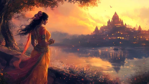 Sunlit riverfront palace vista with ornate robed figure.