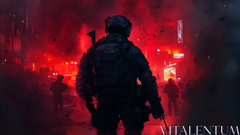 Armored soldiers advance through smoke-filled urban street