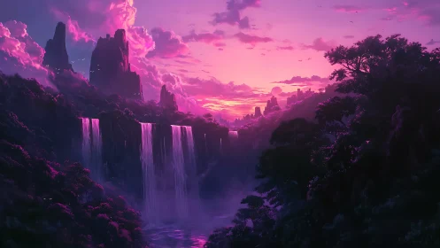 Luminescent waterfalls cascade through a magenta twilight valley