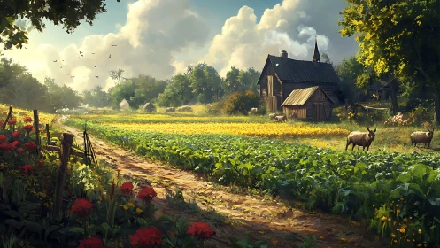 Sunlit country homestead amid blooming summer fields.