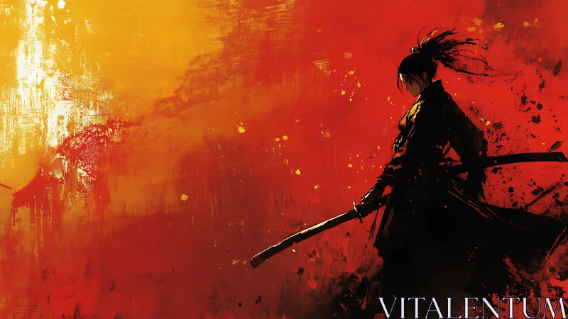 Silhouetted samurai warrior stands against abstract crimson blaze