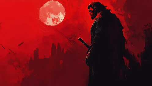 Solitary sword-bearing figure stands before red lunar sky
