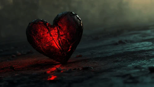 Luminescent heart form rendered with incandescent core and cracked translucent shell structure