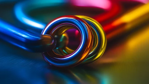 Chromatic metal rings linked in soft studio lighting.