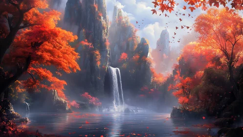 Autumnal mountain gorge with central waterfall and lake.