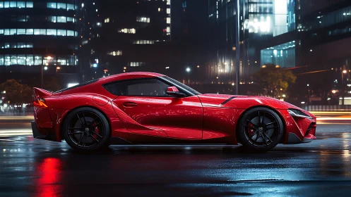 Sleek red sports car glows softly against a rainy city night