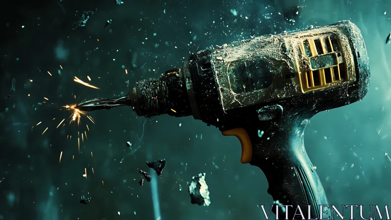 Cordless impact drill in mid‑burst with debris and hot sparks.